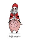 Santa Claus, sitting astride a cute pig.